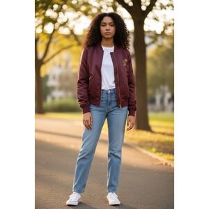 Olivaceous Streetwear Bomber Jacket Sz M Boho Retro Burgundy Embroidered Floral